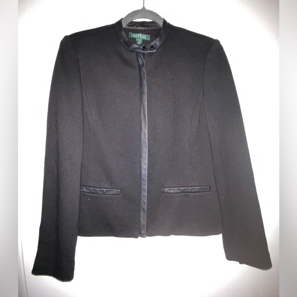 Ralph Lauren Black Jacket with Leather Trim Zip front & sleeve cuffs Size 8